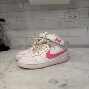 Nike White High-Top Sneakers with Pink Swoosh and Strap
